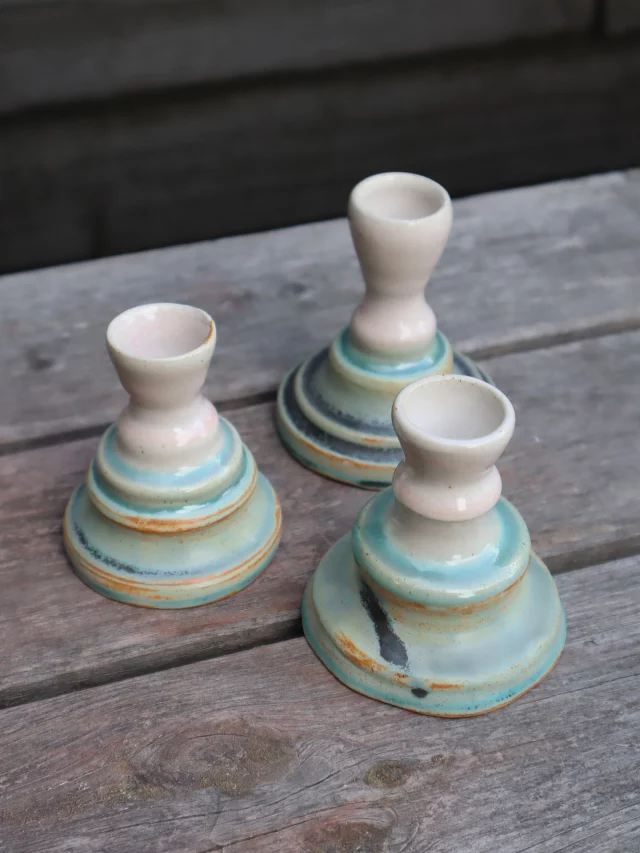 Our student project for this Autumn term is…. Candlesticks! 🕯️
From simple, thrown single holder, to elaborate hand-built candelabra, aligned with our Folk Art theme or not, the choice is yours! 
These beauties were made by Lisa, who recently joined our Monday morning classes. Delicious glaze combo of Hendal Pink and Speckled Turquoise. Fab choice Lisa!
#candlesticks #ceramiccandlesticks #candlestickproject #dreamyglazecombo #glazecombo #glazecombinations