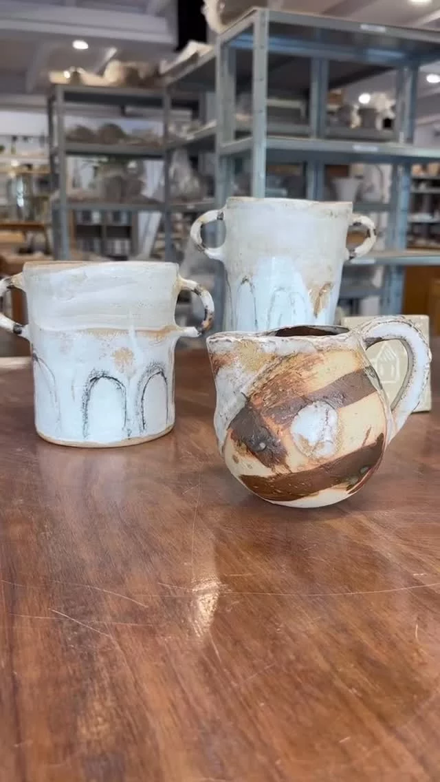 A few pieces that were fresh out of the kiln a couple of weeks ago.
Pots with handles: @fionabooth 
Jug and cockerel: @helen.a_ceramics 
Tile: @laragorlach 
Big pot: Lisa Elliot 
Absolutely stunning glazing and mark making.