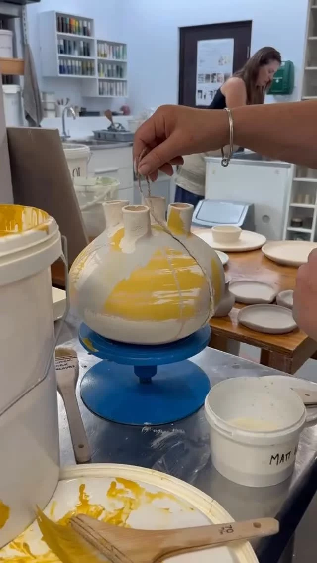 Harriet, one of our Thursday night potters, took great care in making this coiled and slab built stunning contemporary tulipiere in class, then used a selection of techniques to mark-make with glazes. It’s a beauty!