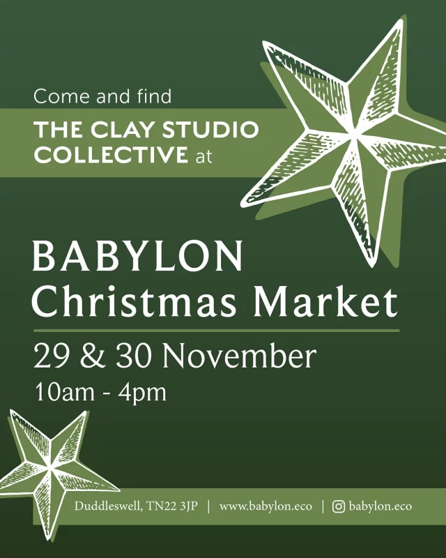 It’s nearly time for our friends at @babylon.eco to open the doors for the Christmas Market happening 29 & 30 November. 
It was great fun last year and got us all in the festive mood! 
Some of our fabulous tutors, current and ex students are taking part, plus exhibitors from @ceramics.south.east including: 
Helen Ashton @helen.ceramics 
Lisa Jones @c_l_a_y_d_a_y @lisajonesstudio 
Rosie Tweedale @twig_ceramics 
Hella @hellakeevilceramics 
Amy @clipperceramics 
Claire @clairesportonceramics 
Ciara @lil_dude_studio 
Bonnie @bon_pots 
Elisa @elisa_clayandsilver 
Nats @ginger_and_fig 
Kathryn @kathrynl01 
Lucy @lucyhcorke 
Birgit @birgitunderwoodceramics
Bill & Anthea @ashdownpottery