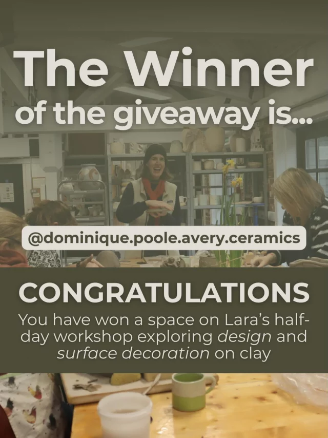 A huge thank you to everyone who entered our giveaway!
Congratulations to @dominique.poole.avery.ceramics who has won a space on Lara’s half-day workshop exploring design and surface decoration on clay. We will be in touch shortly.