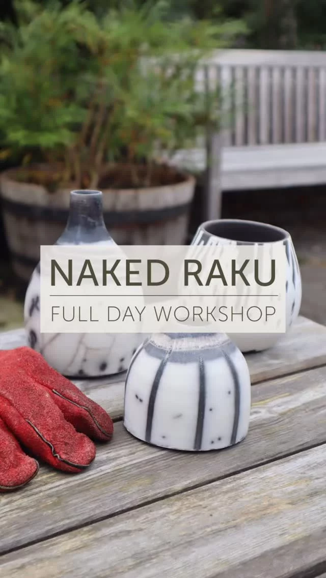 Our next outdoor firing full day workshop is Naked Raku!
It’s the pots that are naked, not the potters, in case you were slightly alarmed by the title. 😄
But why naked?
A layer of resist slip is applied to bisque pots, then coated with glaze and fired to around 950C. The pots are then placed into a fiery reduction chamber. The slip adheres to the glaze, cracks and breaks apart during the firing. This layer is then chipped off when the pots cool, revealing black and white contrasting marks on the “naked” clay surface. 
There is a real excitement that comes from the fragile balance between control and uncertainty.
Each participant can bring their own bisqueware (max 4) or can choose from a selection which will be provided – see full specifications and pricing on the website. 
Saturday 2nd May | 9am to 5pm approx. 
With Helen Ashton @helen.ceramics and Eunich Locher @eunice_ceramics 
To find out more and book, head to our website theclay.studio - link in bio.