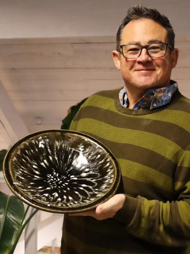 We love it when we see our pottery students go home so happy with their creations!  Matt made this gorgeous large platter with slabbed clay in a plaster mould and then trimmed it on the wheel. Neat idea. 
The glazing is fantastic, combining olive green and white to great effect.