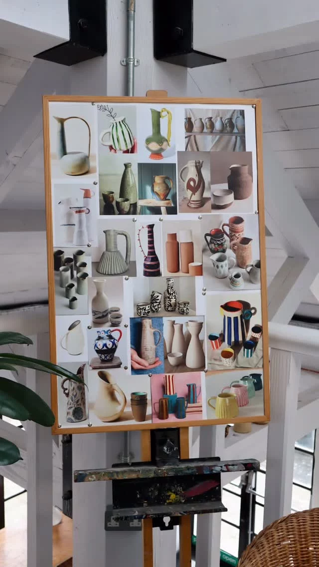 We’re back! First day of the Summer term, our Monday morning students enjoyed a little quiz and discussion on our optional project for the term: Jugs & Carafes. 
There is plenty of inspiration in the student hub, a mood board and wonderful pieces from our treasured collections by potters we admire, as well as examples made by our talented team and previous students.
Time to get making!