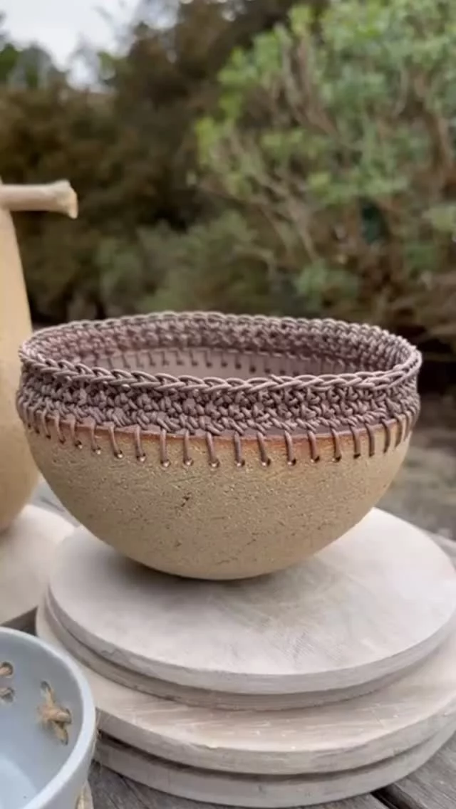 These pieces are a wonderful demonstration of our mixed media theme this term. For the bowl shown furthest back, Céline carefully crocheted leather into her bowl, and made another pot utilising a gorgeous piece of driftwood.