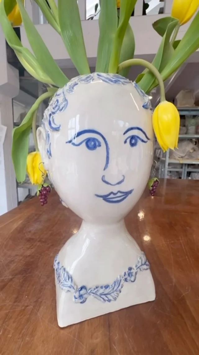 This beautiful lady is a tulipiere, fit with her very own pair of earrings. Beautifully unique, made here in our studio by Sarah, who attends our Monday afternoon class.
