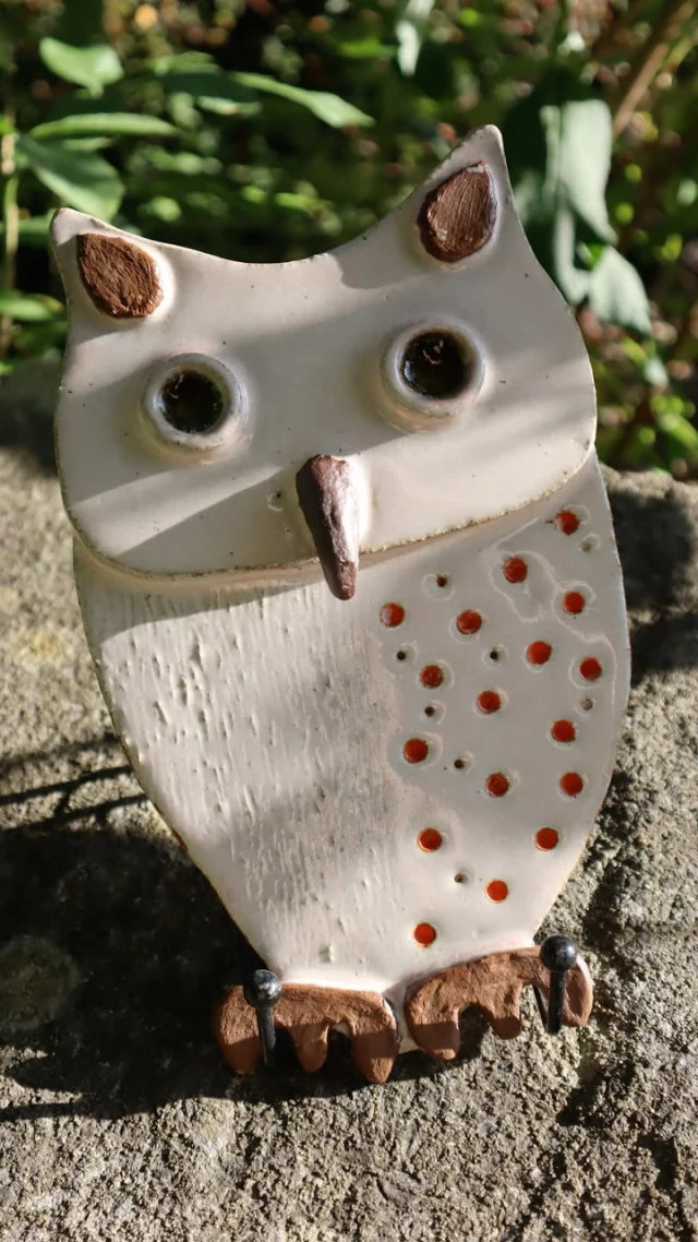 A beautiful blend of gloss and matt; with red underglaze used in the dots, then waxed over the top to add an mixture of texture.
The glass eyes are also a fantastic addition. 🦉
Made by Chris from our Wednesday afternoon class.