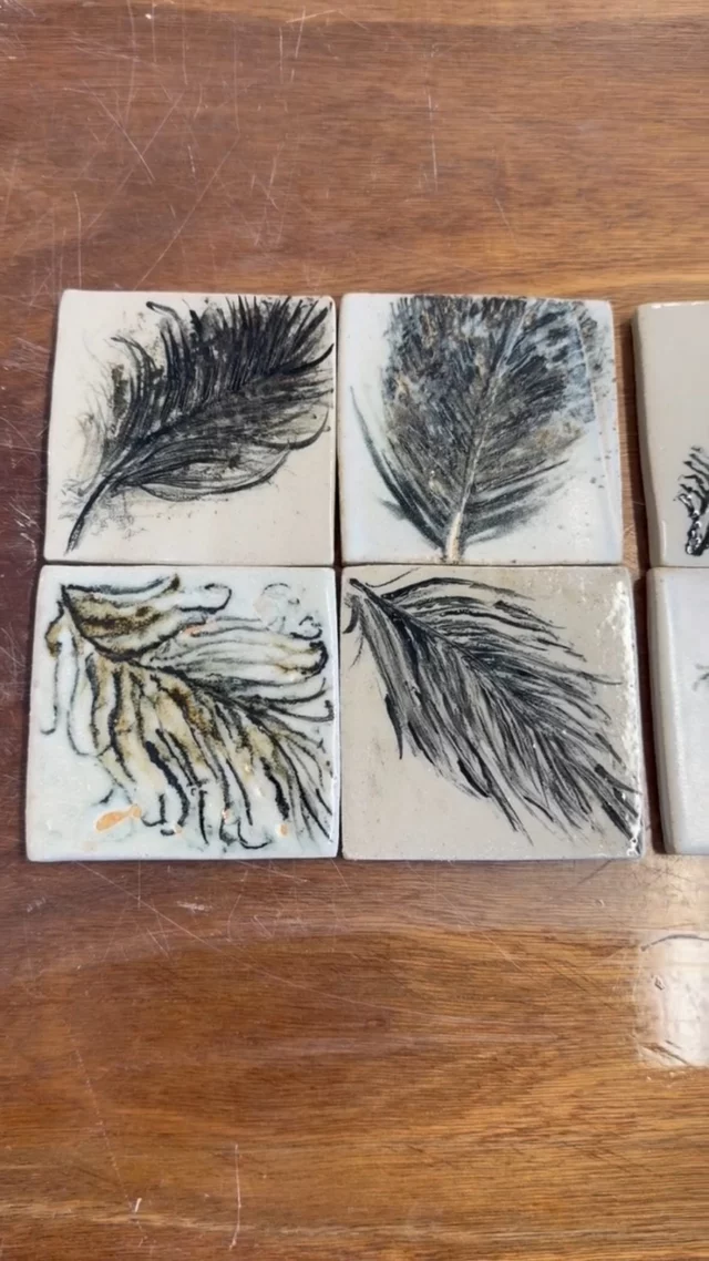 These beautiful tiles were decorated by participants of our Glaze with Confidence three part course held last term and led by author and ceramicist Louisa Taylor @louisataylorceramics 
In session one, the practical exercise was to capture the sensitive qualities of a feather using underglaze pencils and oxides. We think they have done just that, and to great effect. 
If you would like to join us on the next run of this course, we have just one space left, so be quick. The course takes place on three consecutive Fridays, 18 and 25 September, 2 October, 1-4pm. 
Full details on our website theclay.studio - link in bio.