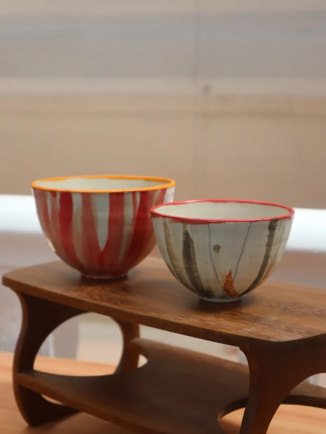 Playing around with underglazes on thrown bowls, resulting in these beautiful striped designs.
